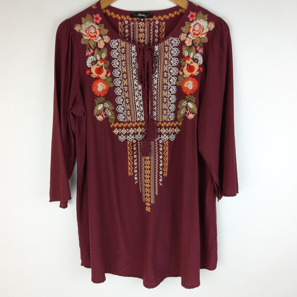 Andree By Unit Maroon Embroidered Blouse Size M
